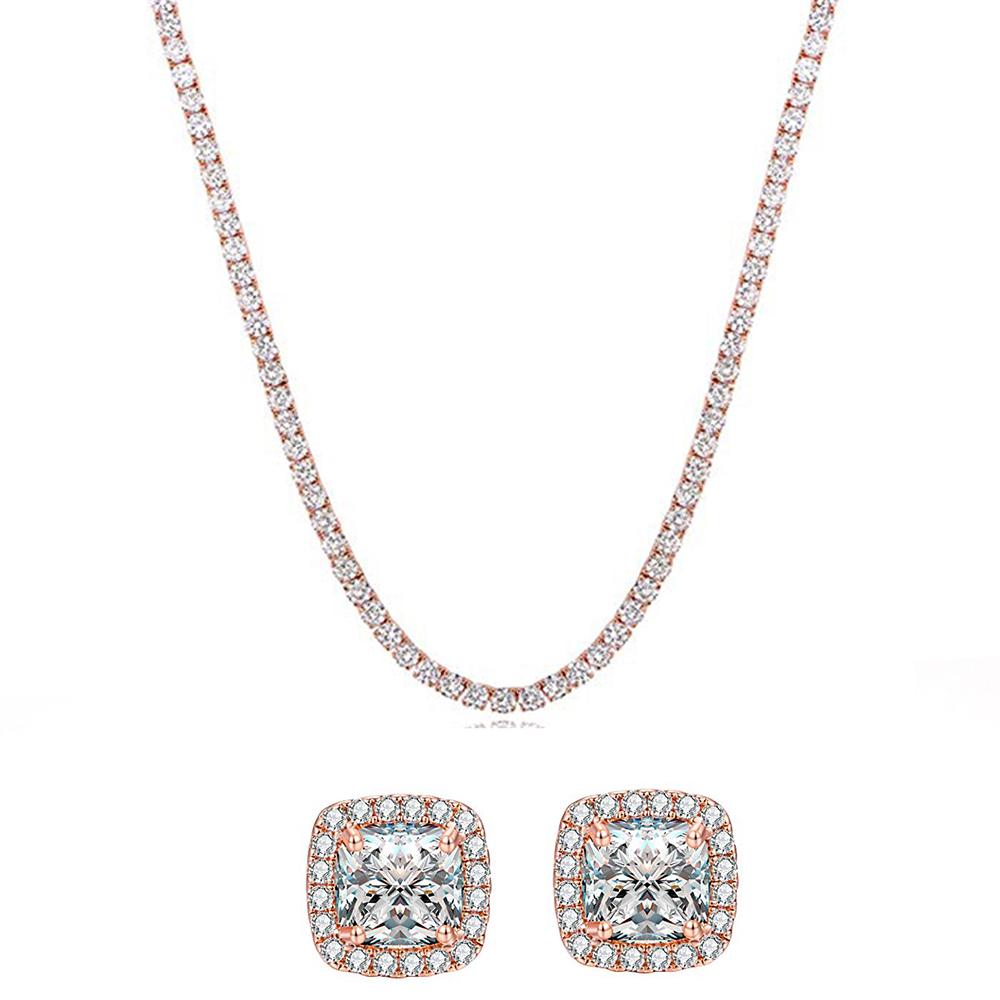 Tennis Necklace and Princess Halo Earring Set with Luxe Gift Box - 18K